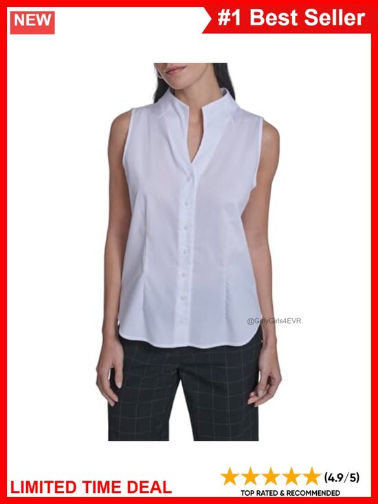 Tops - Sleeveless Button Down Collared Blouse Regular Fit Workwear